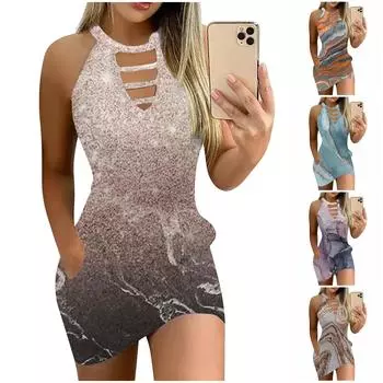 (Куниде) Женское повседневное короткое платье с круглым вырезом и принтом, свободная пляжная юбка, женское платье XXL серый