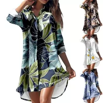 (Куниде) Женское повседневное летнее пляжное платье с карманами и лацканами с длинными рукавами и принтом, топы S синий