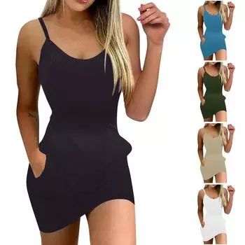 (Куниде) Женское повседневное свободное модное однотонное платье-бретелька с круглым вырезом и карманами L синий