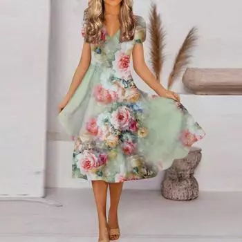 (Куниде) Женское весенне-летнее модное платье с V-образным вырезом и коротким рукавом с цветочным принтом и свободным подолом S зелёный