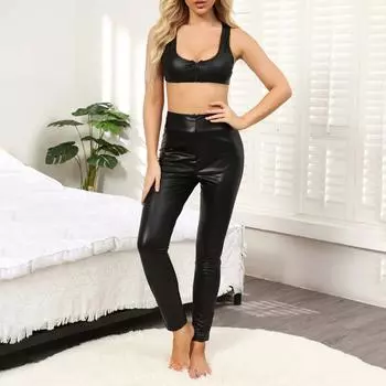 (Куниде) Женское высокоэластичное забавное нижнее белье, глянцевые кожаные колготки, комплект из двух предметов S