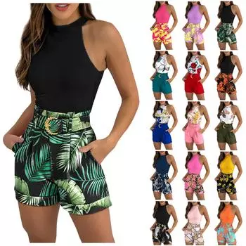 (Куниде) Жилет без рукавов, повседневный костюм с шортами, женский топ без рукавов с круглым вырезом, шорты, комплект для женщин с поясом S красный