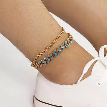 Kunjoe Hip Hop Cool Men S Ankles Gold Color Cuban Chain Blue Drop Oil Metal Ankles Unisex For Jewelry Women Boys Foot Chain 22cm