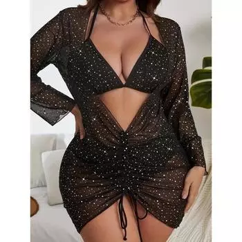 Купальник-бикини больших размеров с блестками, треугольными чашечками, завязками на шее, открытой спиной, с завязками на шнурке, длинными рукавами, накидкой, комплектом из 3 предметов, купальниками, женскими купальниками и т. д. 0XL чёрный