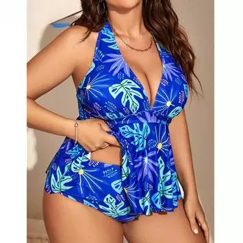 Купальник бикини для женщин больших размеров 2025, двухсекционный летний наряд, купальник с принтом и V-образным вырезом, сексуальный купальный костюм 0XL синий