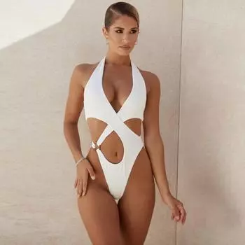 Купальник бикини европейский и американский сексуальный однотонный полый цельный купальник женская модель S белый