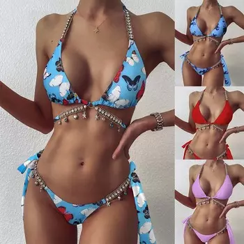 Купальник бикини, модный купальник со стразами, женский бикини, сексуальный пляжный купальный костюм S розовый