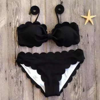 Купальник-бикини с эффектом пуш-ап, купальник с зубчатой отделкой, женский черный, желтый, красный купальный костюм-бандо, женский однотонный бикини, пляжная одежда S