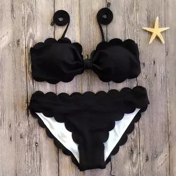 Купальник-бикини с эффектом пуш-ап, купальник с зубчатой отделкой, женский черный, желтый, красный купальный костюм-бандо, женский однотонный бикини, пляжная одежда S