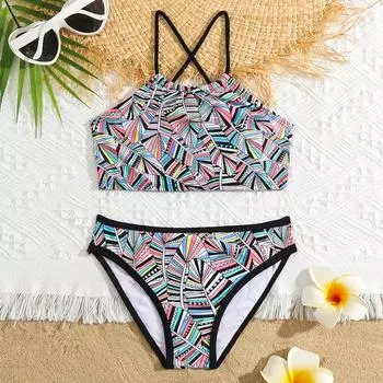 Купальник-бикини с принтом для девочек на шнуровке сзади, детский купальник из двух предметов крест-накрест, детский купальный костюм для детей 5-13 лет, летняя пляжная одежда 8 чёрный