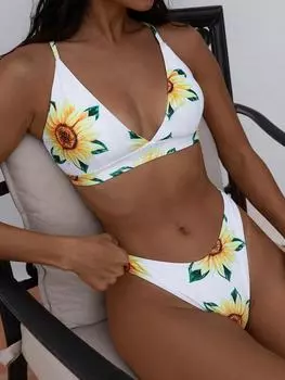 Купальник бикини с принтом подсолнухов ZAFUL со шнуровкой и перекрещивающимися чашечками S жёлтый