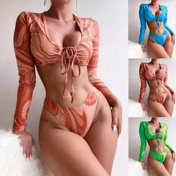 Купальник бикини с разделенными длинными рукавами и цветочным принтом для женщин L синий