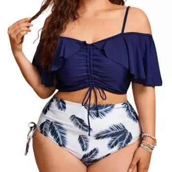 Купальник бикини с разрезами и воланами в европейском и американском стиле больших размеров 0XL синий
