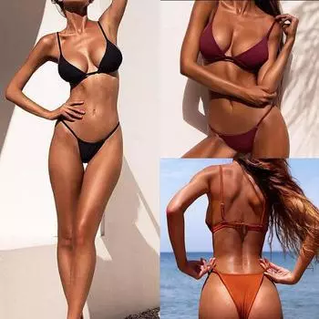 Купальник бикини стринги женский сексуальный купальник бикини бюстгальтер нижняя пляжная однотонная купальники женские купальники L жёлтый