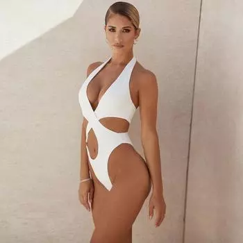 Купальник бикини в Европе и США, сексуальный однотонный полый цельный купальник, женские модели XXL