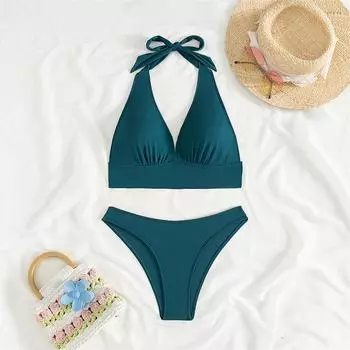 Купальник бикини женский халтер шнуровка купальники новый сплошной комплект бикини сексуальные стринги летний пляжный купальный костюм для женщин из двух частей S темно-зеленого