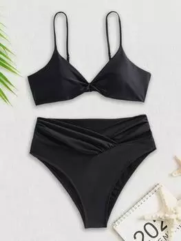 Купальник бикини, женский купальник, новинка 2024 года, однотонный черный комплект бикини с высокой талией, микро-купальник из двух предметов, женская пляжная одежда L чёрный