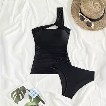 Женский купальник, новый бикини на одно плечо, купальник, однотонный черный танкини, бикини, комплект, сексуальный купальник-стринги для женщин на лето S чёрный