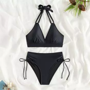 Женский купальник, новый купальник бикини с бретелькой через шею, однотонный черный комплект бикини со шнуровкой, сексуальный купальный костюм-стринги, женский летний пляжный бикини S чёрный