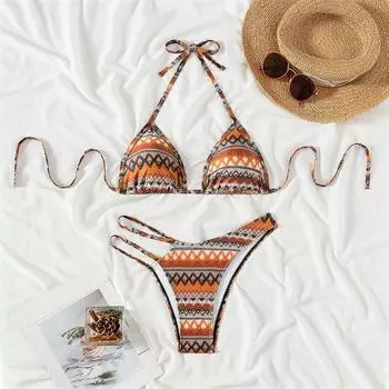 Купальник бикини женский купальный костюм с бретелькой через шею новый принт комплект бикини со шнуровкой сексуальный купальный костюм стринги для женщин летний пляжный комплект из двух частей S