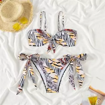 Купальник бикини женский с принтом на бретельках купальники новый комплект бикини на шнуровке сексуальный купальный костюм стринги женский летний пляжный бикини из двух частей S