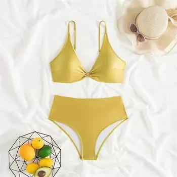 Купальник бикини женский с высокой талией купальник новый сплошной слинг бикини комплект сексуальный стринги купальный костюм для женщин летняя пляжная одежда S жёлтый