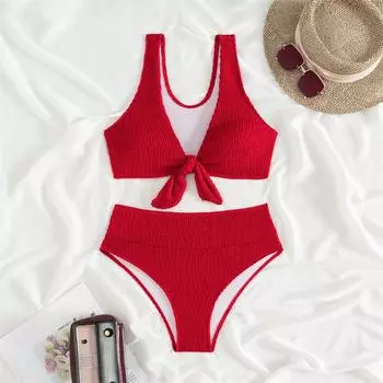 Купальник бикини женский с высокой талией, новый цельный ребристый комплект бикини, сексуальный летний пляжный купальный костюм для женщин из двух частей S зелёный