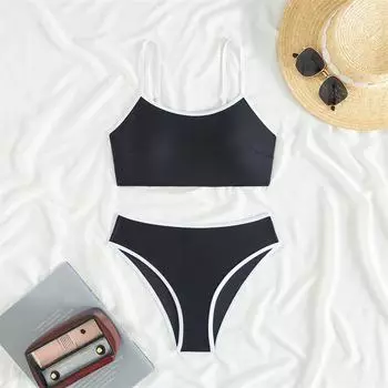 Купальник бикини женский с высокой талией купальник новый сплошной комплект бикини на бретельках сексуальный купальный костюм стринги женский летний пляжный из двух частей S чёрный