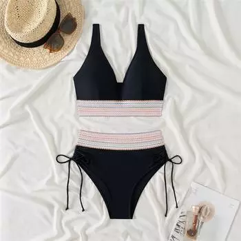 Купальник бикини женский с высокой талией купальник новый сплошной слинг бикини комплект сексуальный стринги купальный костюм для женщин летний пляжный из двух частей S чёрный