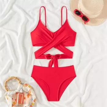 Купальник бикини женский со шнуровкой купальник новый сплошной комплект бикини на бретельках сексуальный купальный костюм стринги женский летний пляжный бикини из двух частей S синий