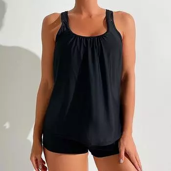 Купальник бикини женский танкини купальник новый сплошной комплект бикини боксеры шорты купальный костюм для женщин летний пляжный бикини из двух частей S чёрный