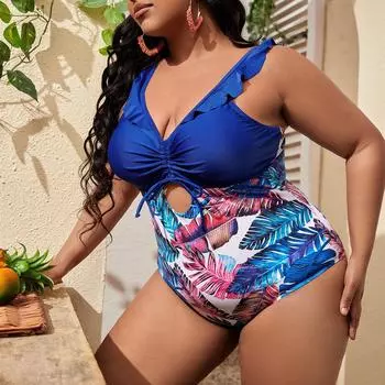 Купальник больших размеров для женщин, танкини 2025, слитный купальник с принтом, женский монокини, бикини с эффектом пуш-ап, сексуальные купальные костюмы L синий