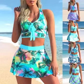 Купальник больших размеров с принтом кокосовой пальмы, голубой комплект бикини с высокой талией, купальник 2024 S зелёный