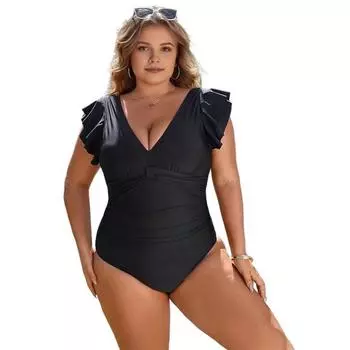 Купальник больших размеров с высокой талией, эластичными оборками на плечах и V-образным вырезом, пляжная одежда, облегающий крой, быстросохнущий, пляжный наряд, однотонный, цельный, для бассейна, серфинга, монокини XL темно-синий