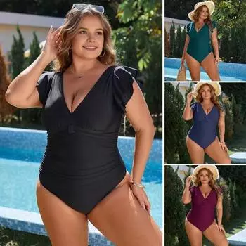 Купальник больших размеров с высокой талией, эластичными оборками на плечах и V-образным вырезом, пляжная одежда, облегающий крой, быстросохнущий, пляжный наряд, однотонный, цельный, для бассейна, серфинга, монокини XL темно-зеленого