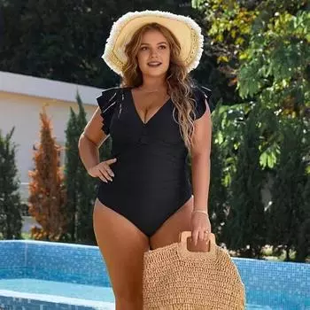 Купальник больших размеров с высокой талией, эластичными оборками на плечах и V-образным вырезом, пляжная одежда, облегающий крой, быстросохнущий, пляжный наряд, однотонный, цельный, для бассейна, серфинга, монокини XL темно-зеленого