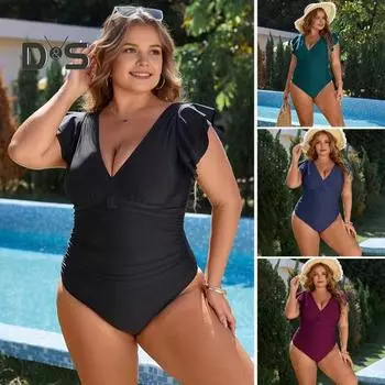 Купальник больших размеров с высокой талией, эластичными оборками на плечах и V-образным вырезом, пляжная одежда, облегающий крой, быстросохнущий, пляжный наряд, однотонный, цельный, для бассейна, серфинга, монокини XL вино красного