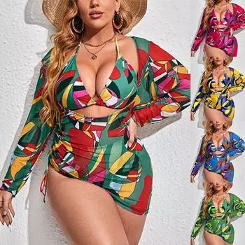 Купальник больших размеров, женский сплит из трех частей, рубашка с длинными рукавами, сетчатые красные комплекты бикини на шнуровке 0XL разноцветный