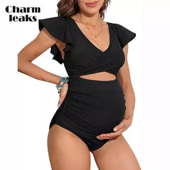 Купальник Charmleaks для беременных, цельный купальный костюм в рубчик с рюшами и рукавами, с рюшами и вырезом на завязке, купальник для беременных XL бордовый