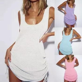 Купальник Cover Up однотонный цвет спинки без рукавов трикотажное летнее пляжное платье фиолетовый