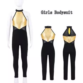 Купальник для балета и танцев для девочек, эластичный блестящий цельный комбинезон без рукавов для гимнастики, боди, танцевальная одежда, комбинезон, костюм 13-14 Years золотой