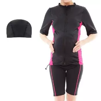 Купальник для беременных Комплект купальников для беременных с фитнес-коротким раздельным холодным купальником для плавания (Кератта) [3-х компонентная шапка] брюки, рукава, профилактика, защита, розовый