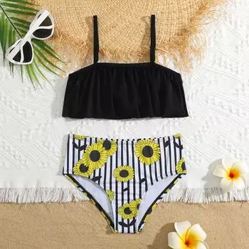 Купальник для девочек от 5 до 14 лет, детский купальник с цветочным принтом, комплект бикини для девочек-подростков, купальный костюм с высокой талией для девочек, пляжная одежда, детские купальники 6 чёрный