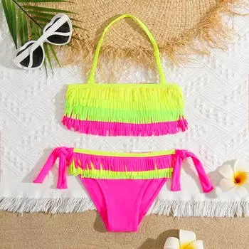 Купальник для девочек-подростков 5-12 лет, детский купальник с кисточками, бикини для больших девочек, топ с лямкой на бретельках, купальный костюм с бахромой, детская одежда для плавания для девочек 10 жёлтый/розы красного