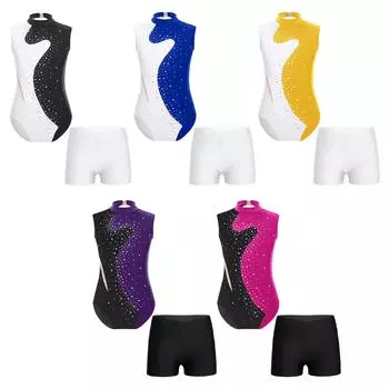 Купальник для девочек с цветными блоками, вырезом-замочной скважиной на спине, стразами, боди с шортами для гимнастики 5-6 Years белый/чёрный