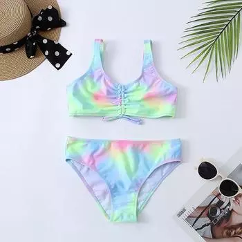 Купальник для девочек Tie Dye для детей 7–16 лет, детский купальник из двух предметов, комплект бикини с рюшами спереди, купальный костюм для подростков, пляжная одежда 2022 г. 7-8 зелёный