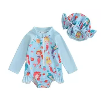 Купальник для маленьких девочек, бикини-русалка с клубничным цветком и шляпой, купальник для новорожденных для летнего купания 6-12 Months
