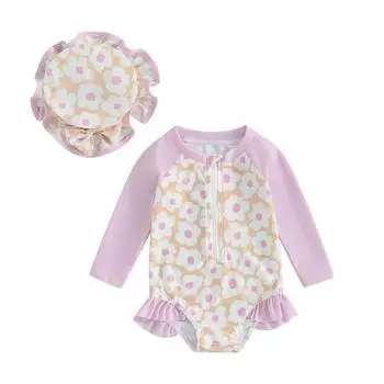 Купальник для маленьких девочек, комбинезон с длинным рукавом в стиле пэчворк с цветочным принтом, детские оборки, купальный костюм, купальный костюм с шапочкой для плавания 12-18 Months розовый