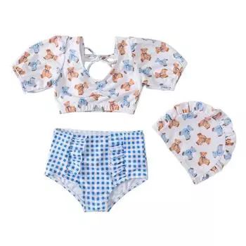 Купальник для маленьких девочек, купальный костюм для малышей, детский танкини с милым мультяшным медведем и шапочкой для плавания, детский комплект бикини, пляжная одежда, От 1 до 10 лет 140