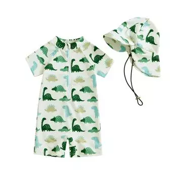Купальник для маленьких мальчиков 3, 6, 12 месяцев, 2, 3 лет, солнцезащитный купальник с короткими рукавами и круглым вырезом, на молнии с животным принтом и шляпой 0-3 Months бежевый